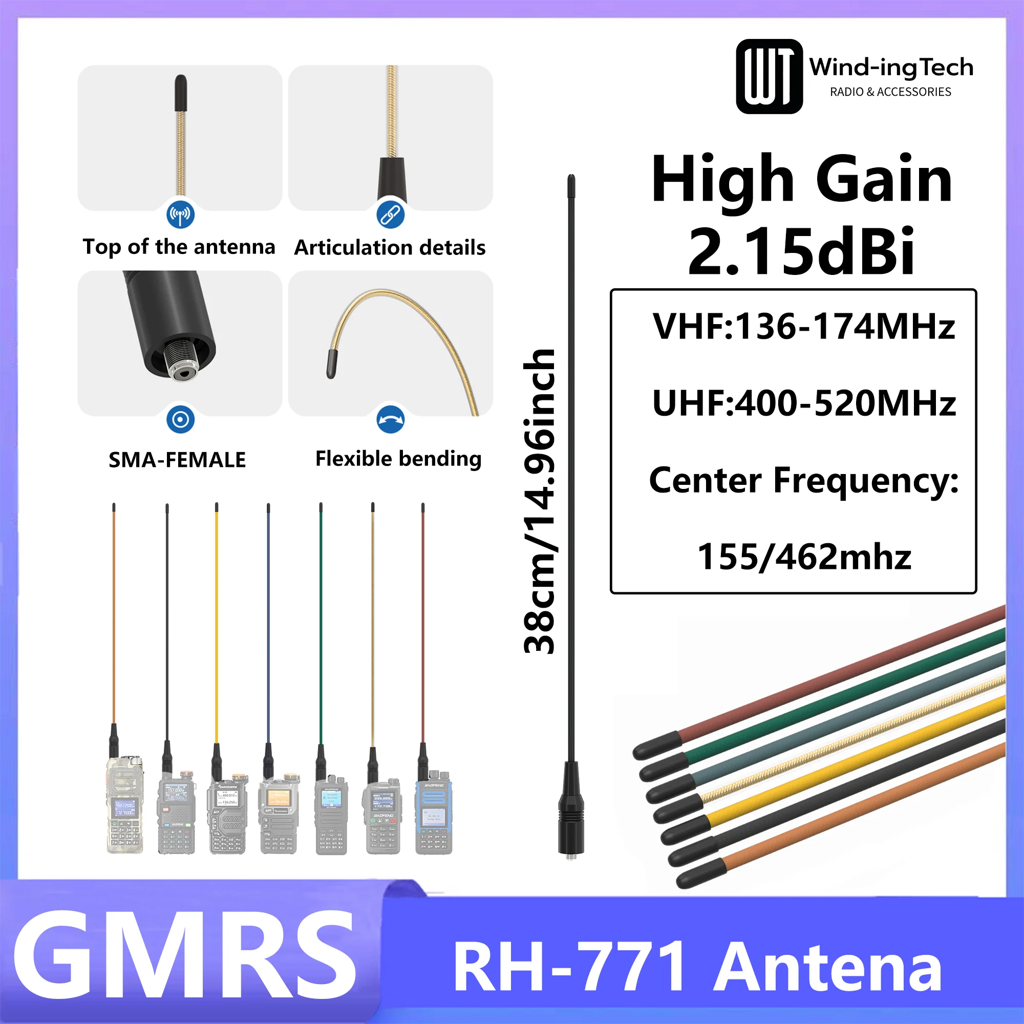 RH771 SMA-Female Multicolor GMRS Antenna Vhf Uhf Long Range Dual-Band 155/426MHz For Baofeng 5RM UV25M Walkie talkie Accessories