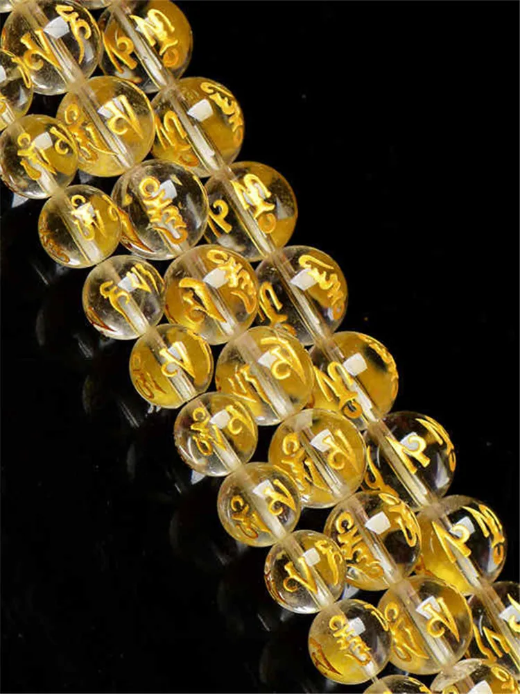 10Beads Natural Rock Crystal Quartz Round Beads 8/10/12/14/16mm Tibetan Mantra Beads golden OM MANI PAD ME HUM