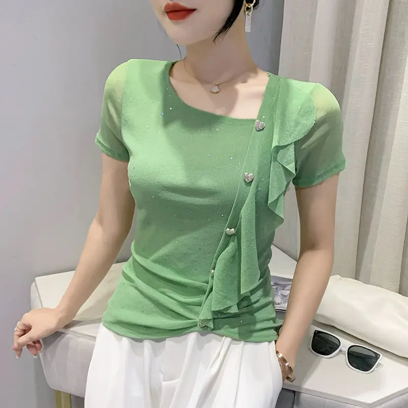 Traje de verano elegante Lrregular cuello inclinado camiseta de manga corta para mujer ropa delgada con volantes 2025 Tops de alta calidad Mujer