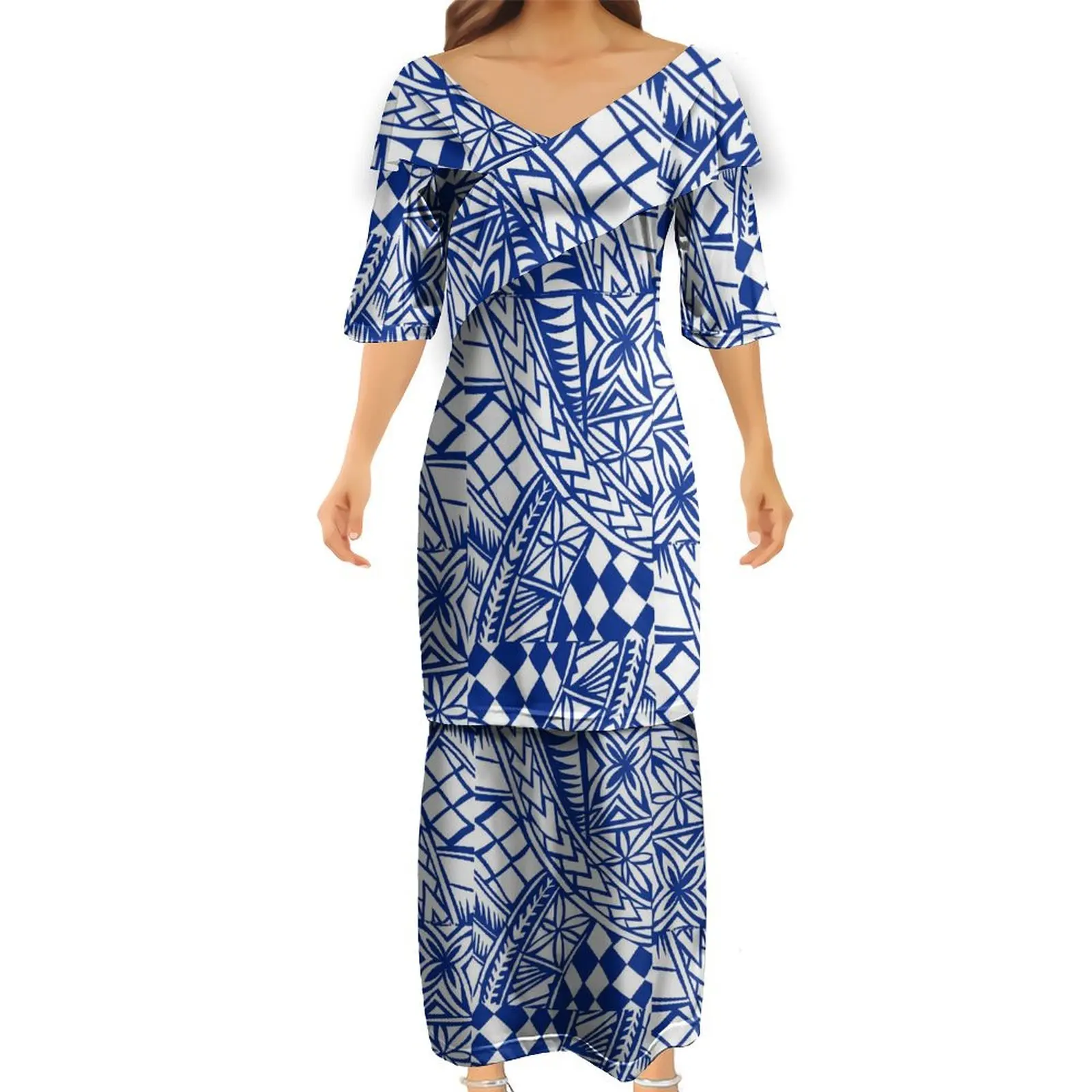 Polynesian Tribe Sublimation Print V-neck Puletasi Dress 2 pcs Customized On Demand Puletasi 2/3 Sleeve Dress