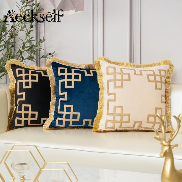 Aeckself Luxury Gold Leather Embroidery Velvet Cushion Cover With Tassel Home Decor Navy Blue Black Beige Throw Pillow Case