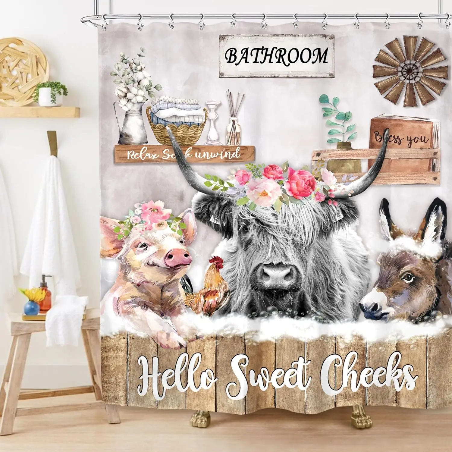 

Imirell деревенская хайлендская корова занавеска для душа 60Wx72H дюймов ферма забавные животные фермерский дом осел курица свинья цветок деревянная страна W