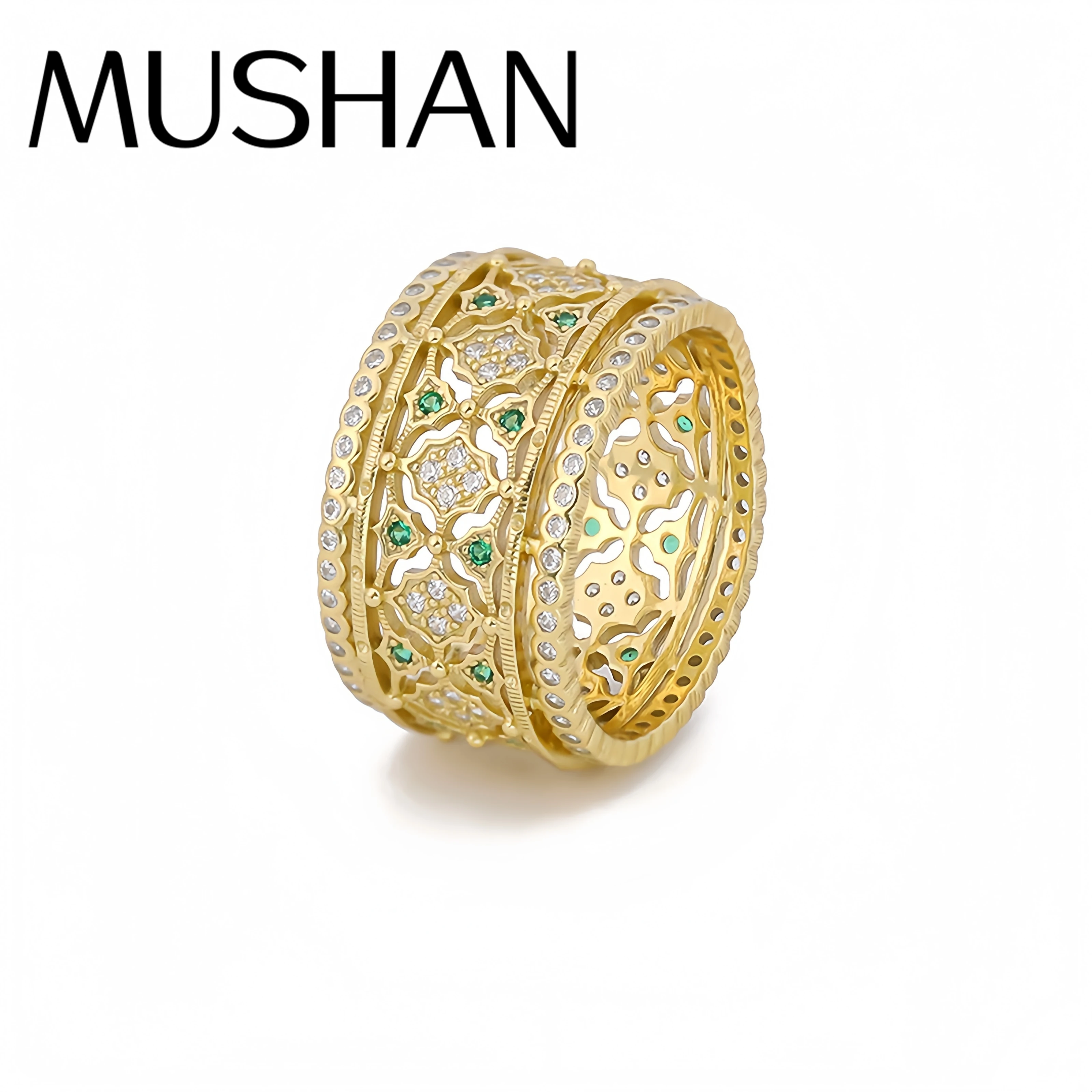 

Роскошный бренд Mushan, широкое выдолбленное кольцо, инкрустированное бриллиантами в стиле ретро и модное кружевное кольцо из чистого серебра, серебряное кольцо, ювелирные изделия