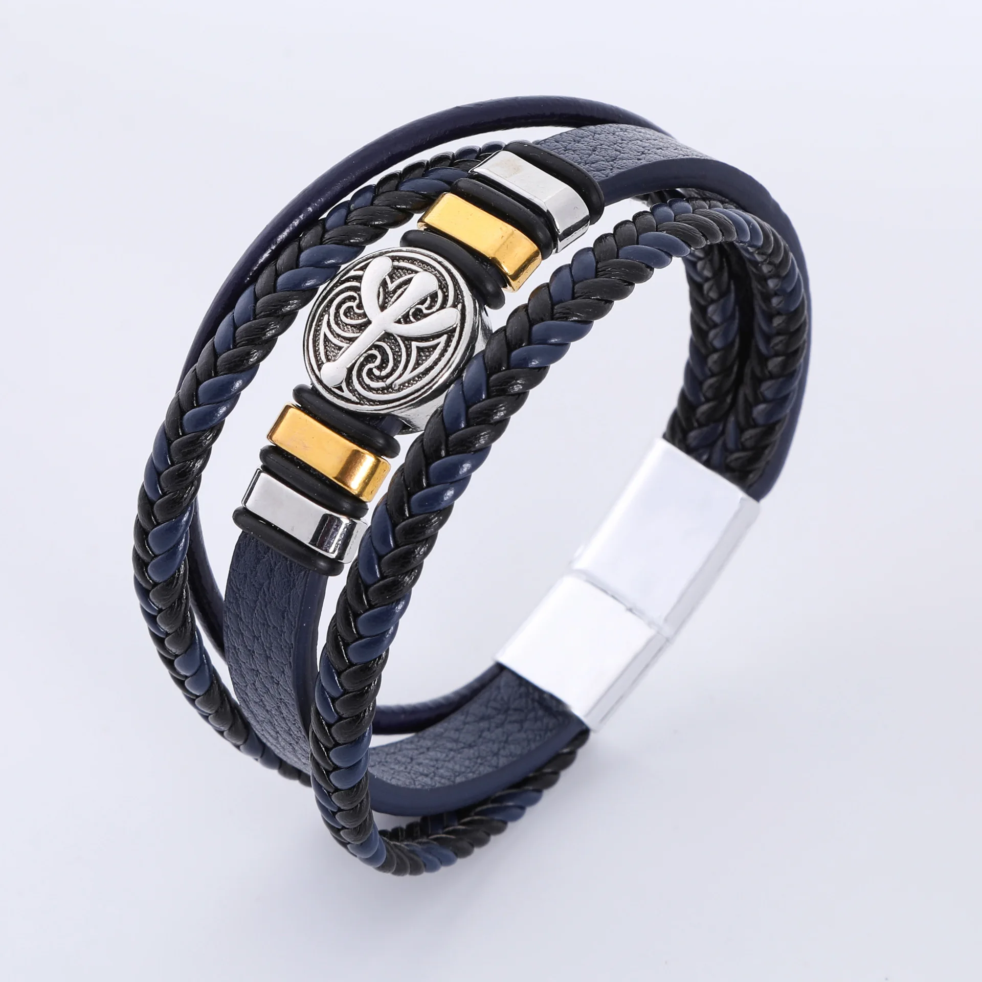 New style Punk Gentleman All-match Hand rope Attachment Magnet clasp Leather Hand multilayer weaving Stainless steel Bracelet