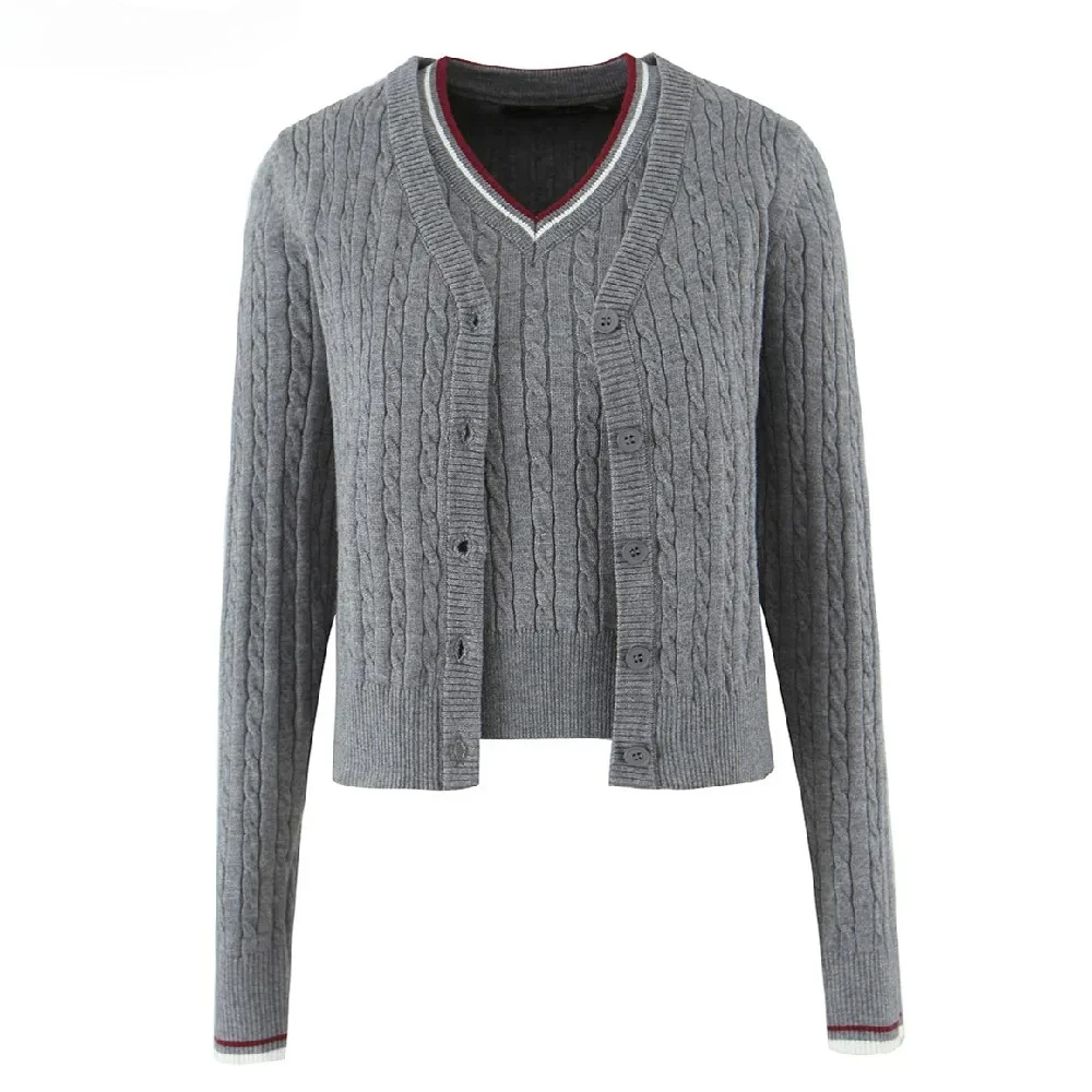 

2 COLORS 2025 Autumn Retro V neck Twist Line Knitting Cardigan Single-breasted Buttons Short Sweater Loose Jumper Gray Milky