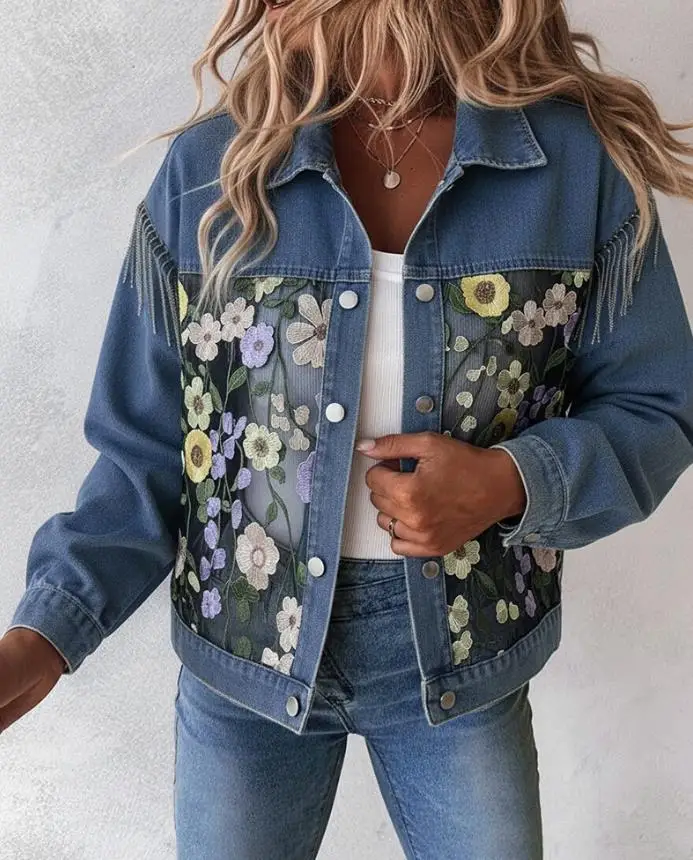 

Women's Jacket 2025 Spring Autumn Fashion Colorblock 3D Flower Lace Embroidery Patch Denim Coat Casual Turn-Down Collar Jacket