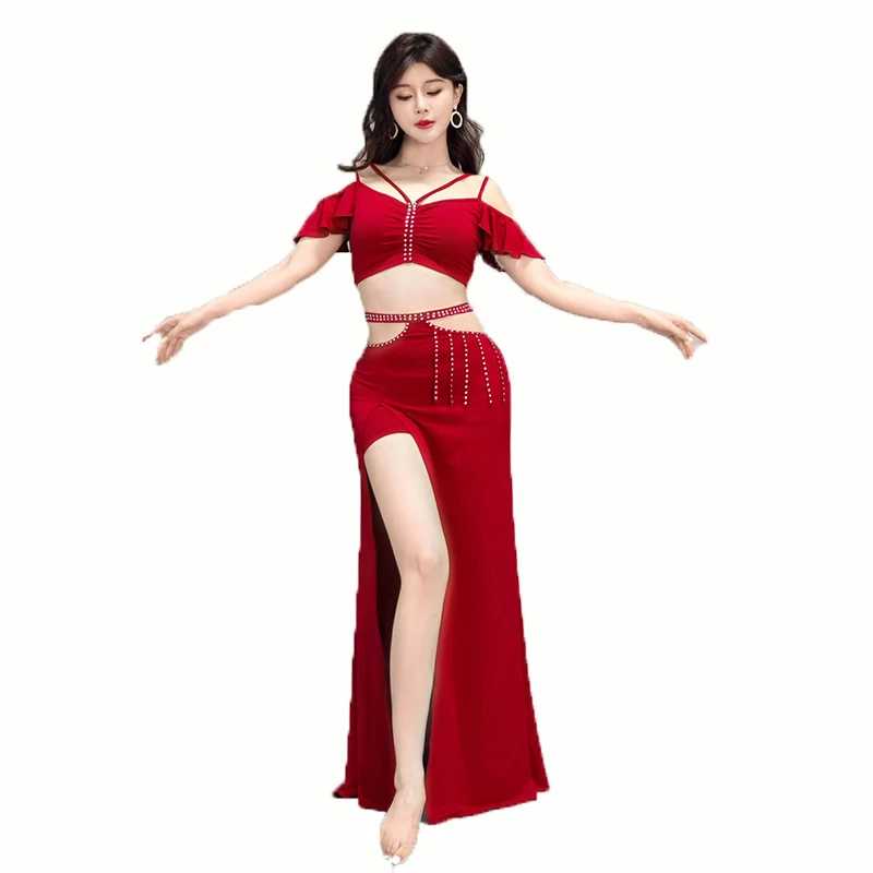 Belly Dance Professional Suit for Women Sexy Hollow Out Short Sleeves Top+Split Long Skirt 2pcs Girl's Oriental Dancing Outfit