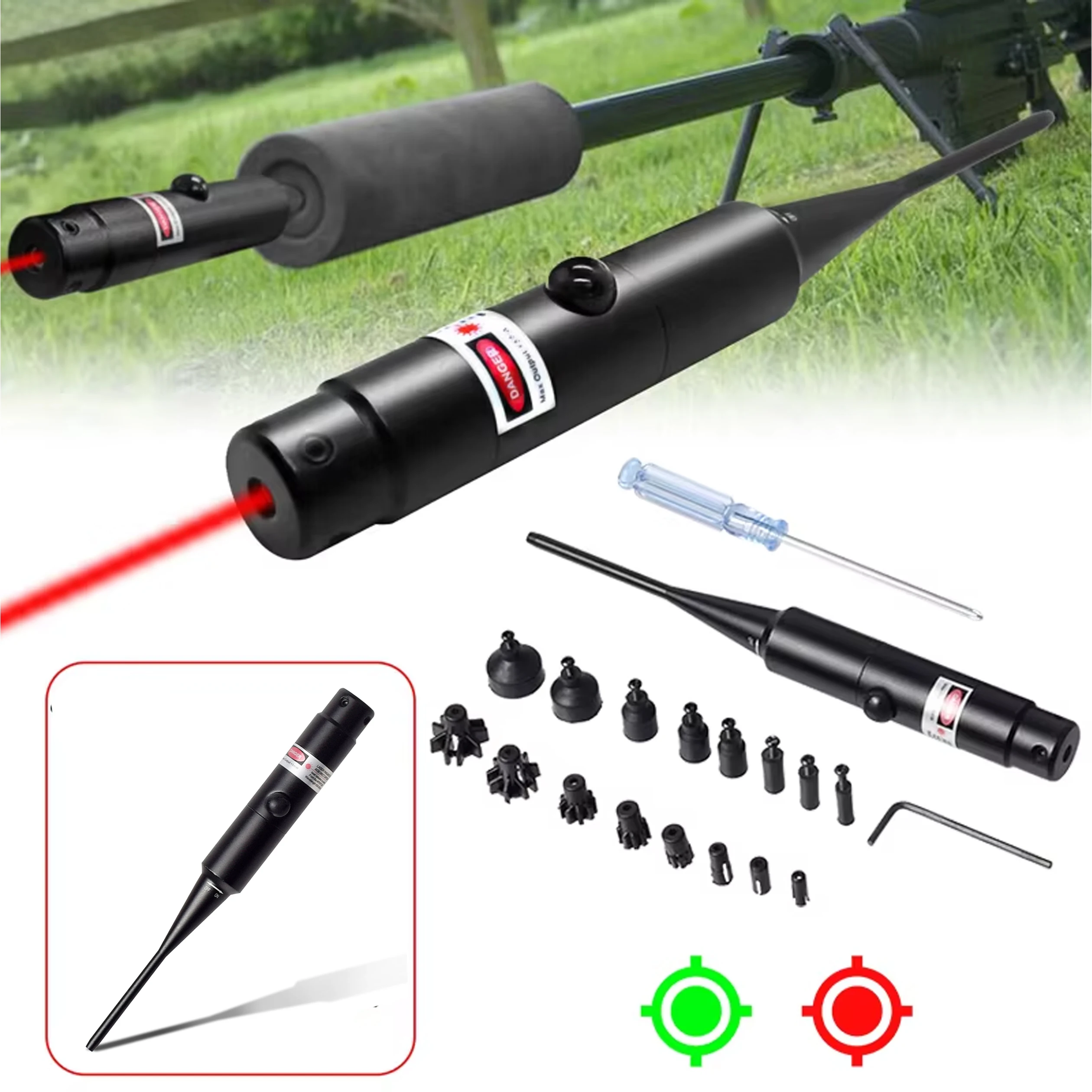 

Tactical Laser Bore Sighter Green Red Kit 16 adapters 17 To 12GA Caliber Rifles Pistols Button Switch Arbors Adjus Laser Point