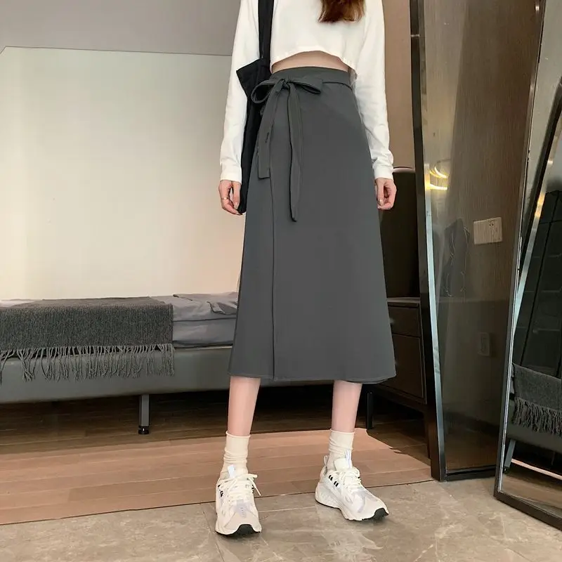 Modne nieregularne spódnice z kokardą Odzież damska Casual A-Line Solid Color Summer All-match High Waist Commute Midi Skirts