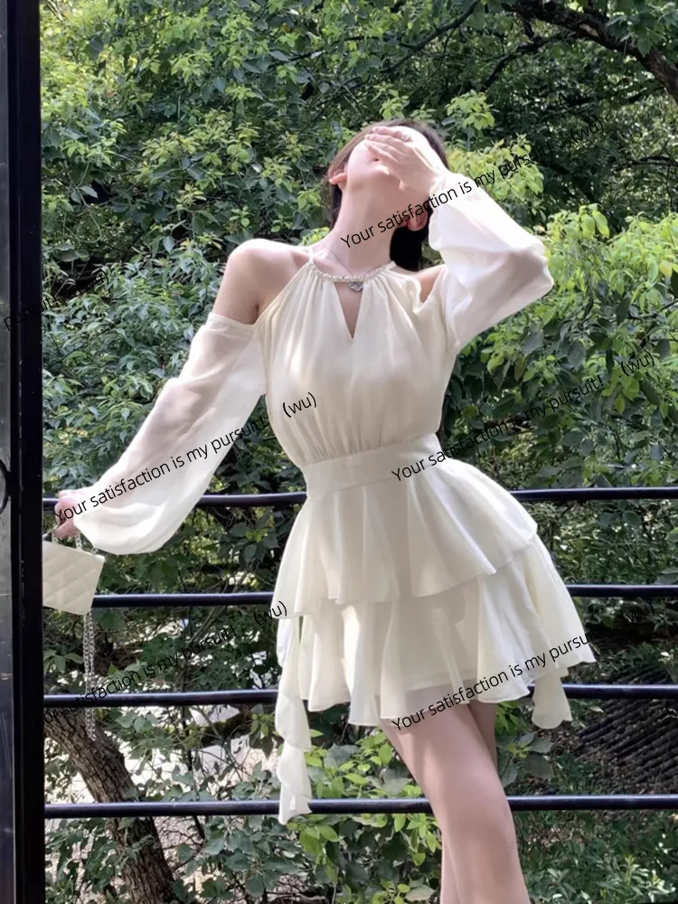프랑스풍 흰색 긴팔 드레스 요정 여름 요정 허리 쉬폰 짧은 치마 러플 잎사귀 가장자리 케이크 A라인 스커트