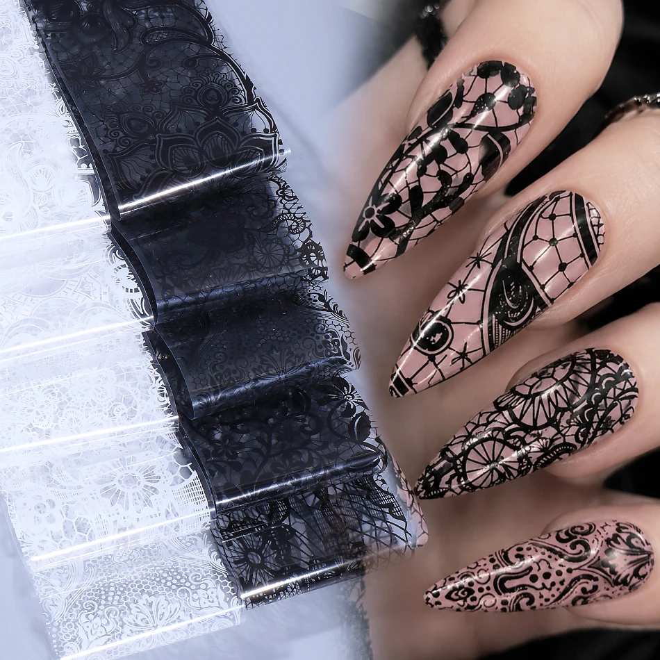 Nail Art Elegant - 1 Pack Black White Lace Floral