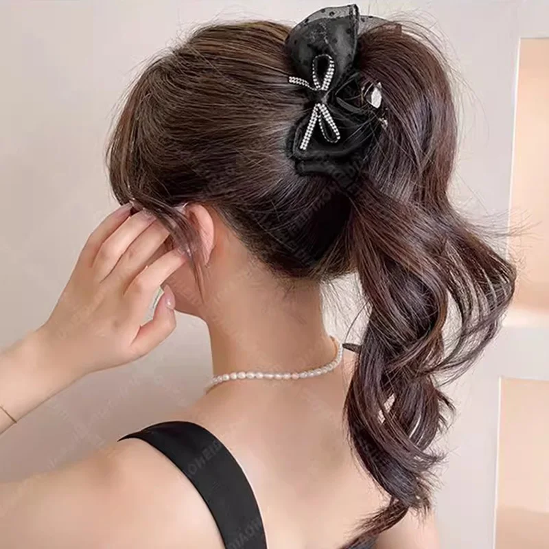 Elegant Rhinestones Chiffon Dot Bow Hair Claw For Women Girls Sweet Hair Ornament Hair Clips Hairpin Fashion Hair Accessories