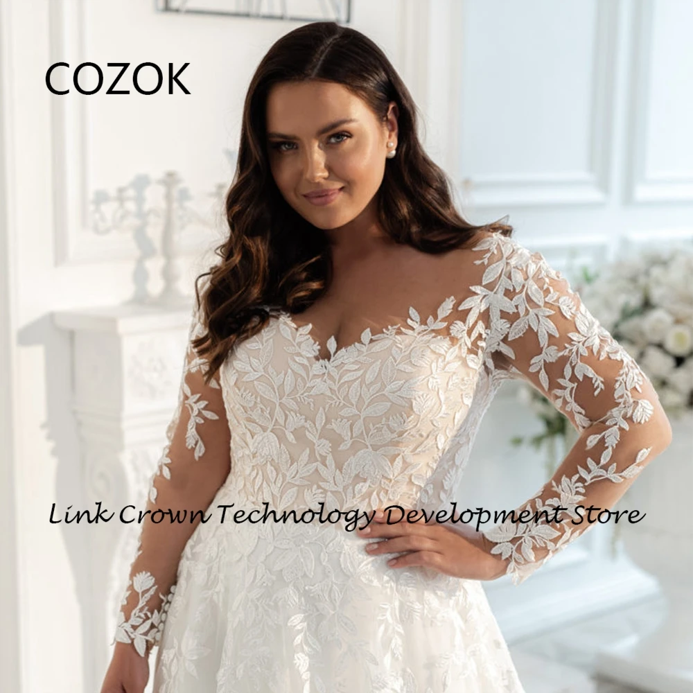 COZOK White Full Sleeve Wedding Dresses for Women 2024 Summer Soft Tulle Bridal Gowns with Lace New Button Back Vestidos De