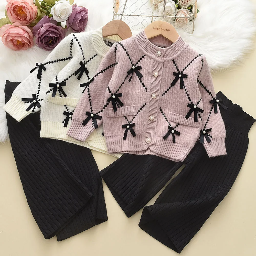 Black Bow Decoration Long Sleeved Round Neck Sweater+black Long Pants Two-piece Sets Autumn and Winter New Children's Clothing