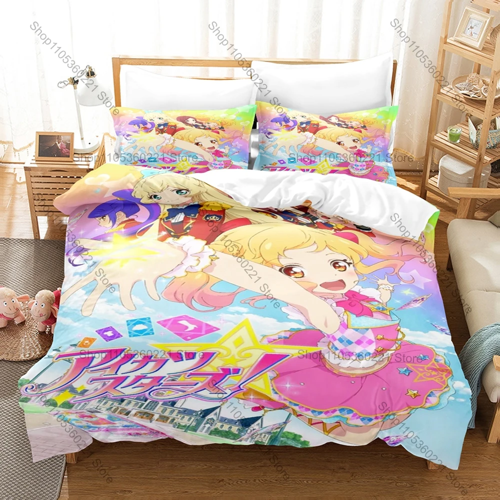 Cool Personality Aikatsu! Anime Bedding Set New Soft Microfiber Duvet Cover Pillowcases Cute Idol Printed Bed Set for Kids Girls