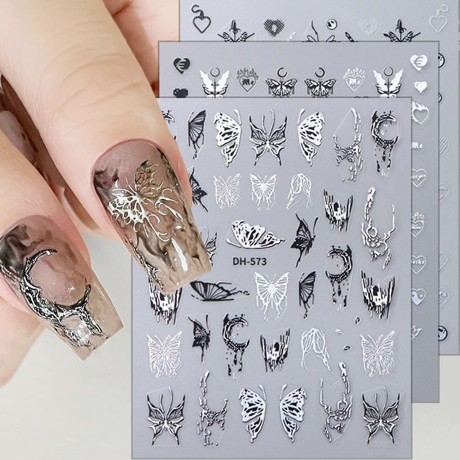 Metallic Silber Schwarz Schmetterling 3D Nagelaufkleber Tinte Mond Stern Herz Klebeschieber Dunkle Gothic Nail Art Zubehör Aufkleber