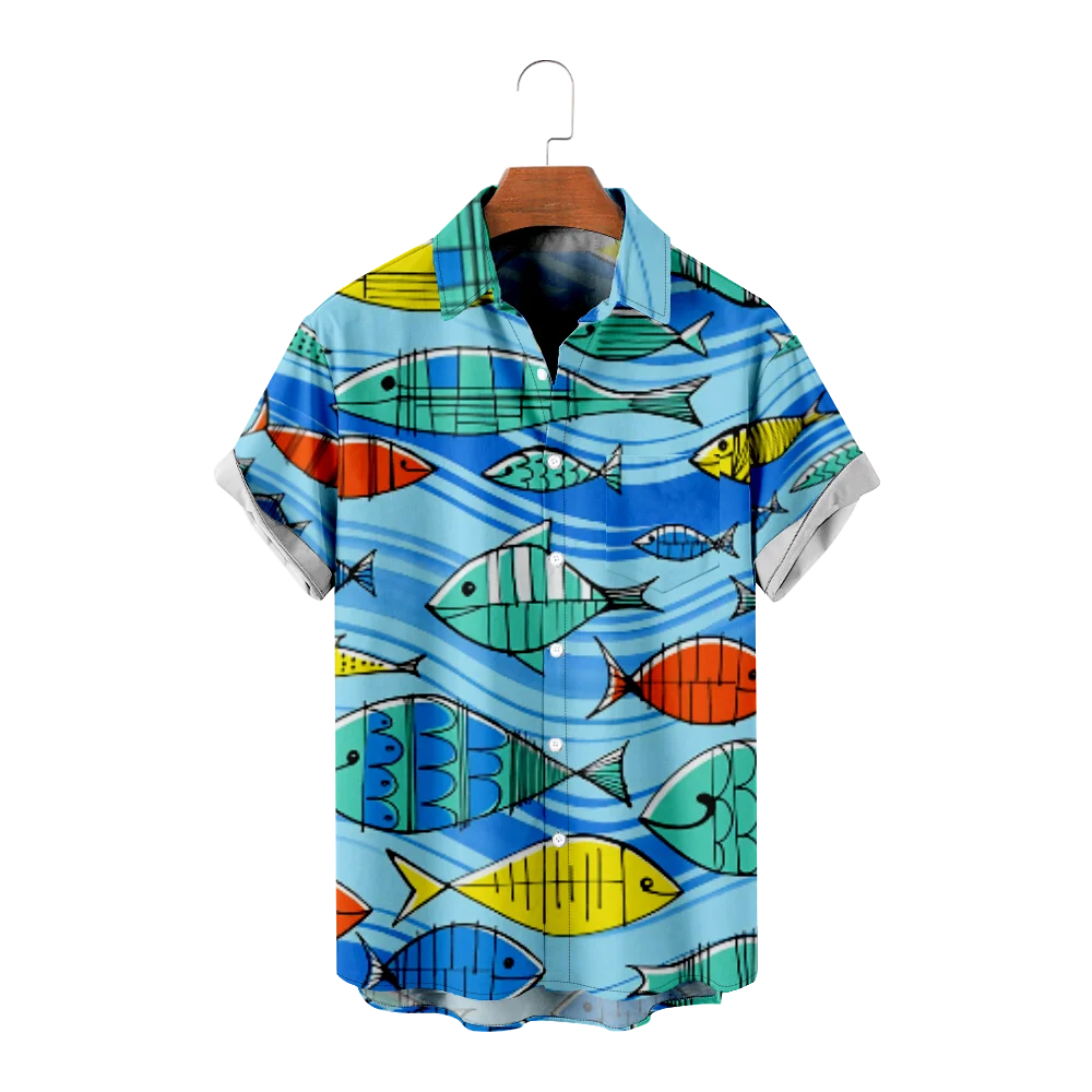 

Fish Print Men's Lapel Short Sleeve Versatile Top For Holiday Spring Summer Dates Holiday Daily Commute Holiday Leisure Vacation