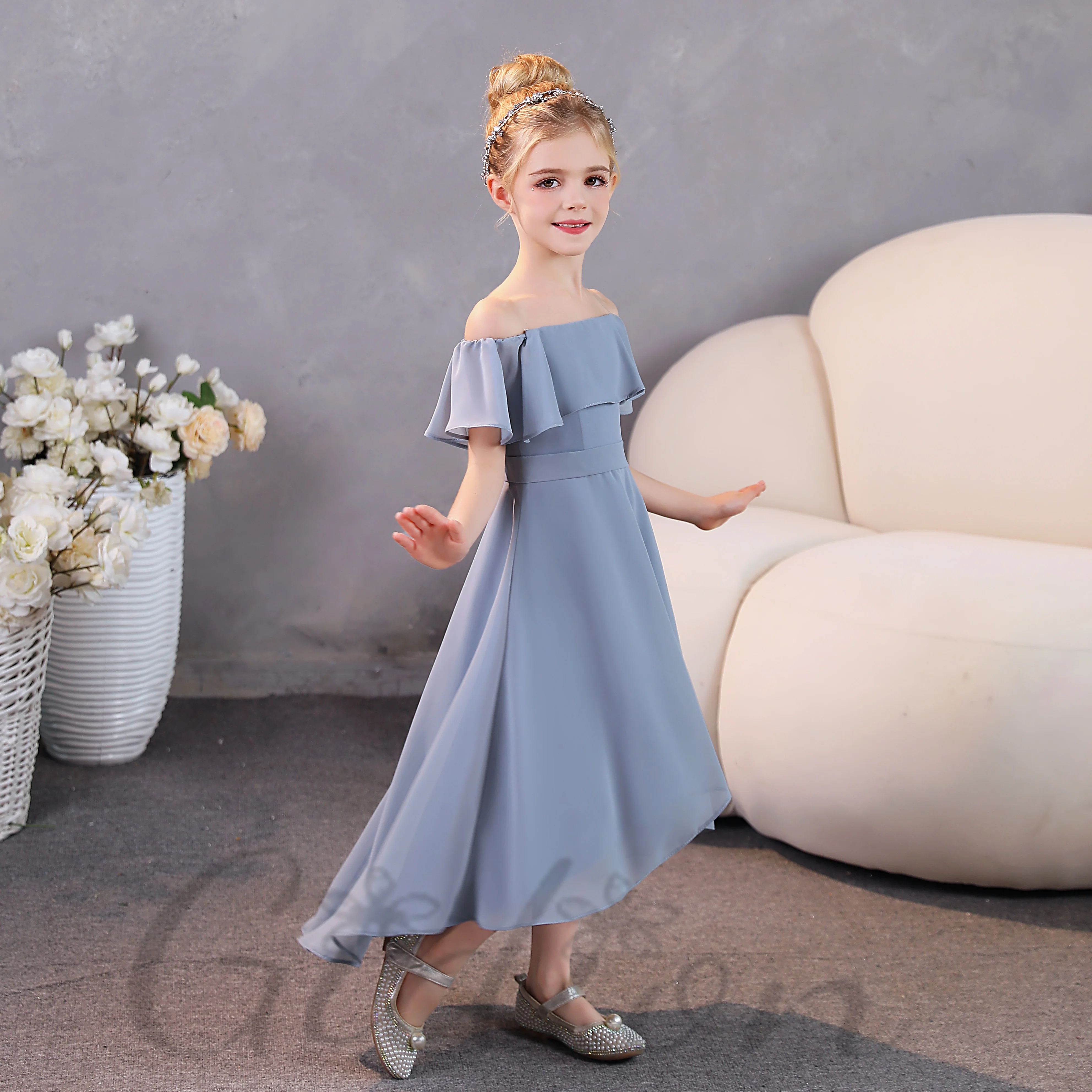 Chffion-Robe de Demoiselle d'Honneur Junior Asymétrique pour Enfant, Tenue de Soirée, Bal de Promo, Spectacle, Cérémonie de Mariage, Banquet