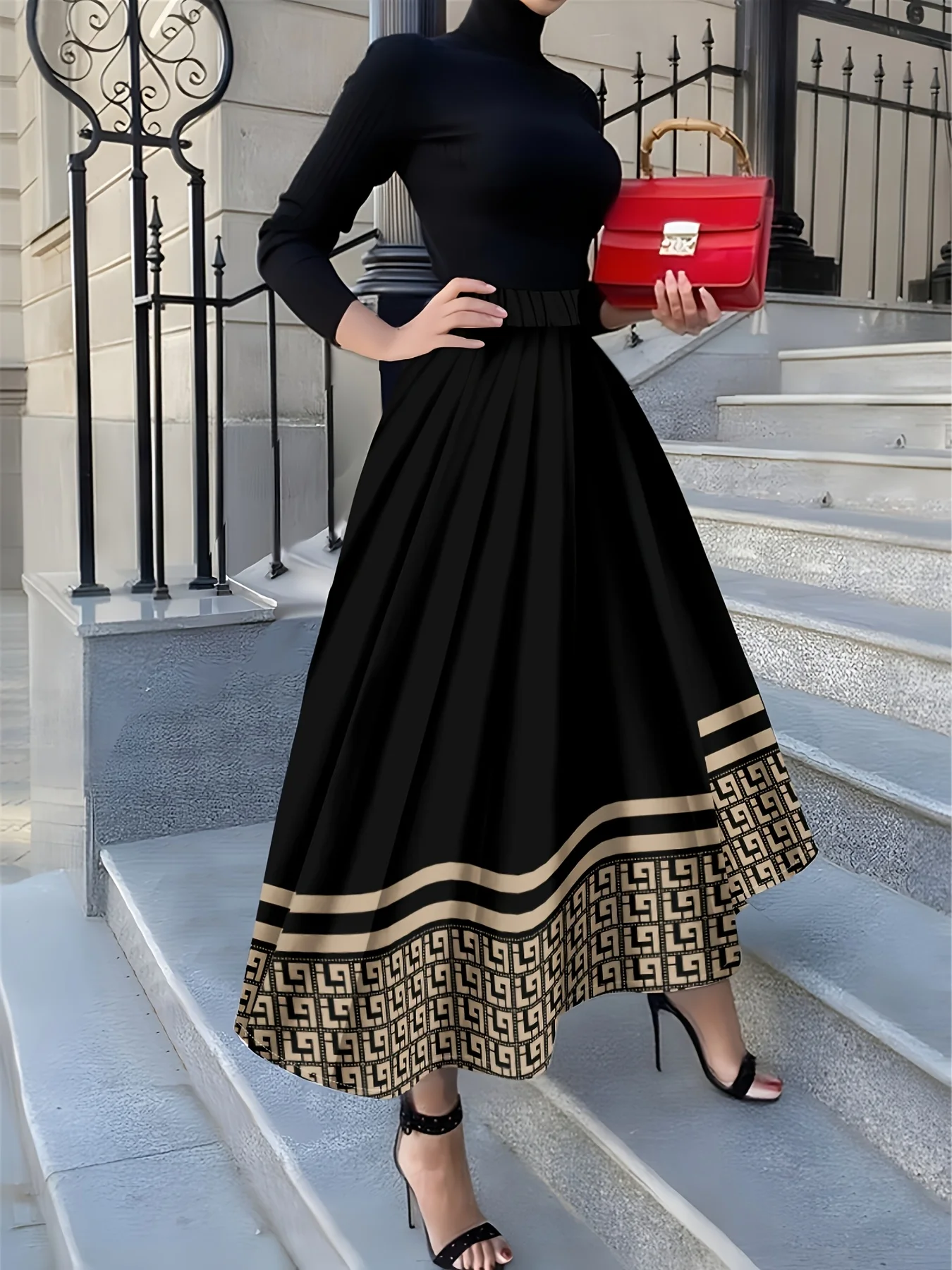 

Черная юбка А-силуэта с геометрическим узором для женщин: модная, элегантная миди-юбка для офиса и повседневной носки, летняя коллекция 2024