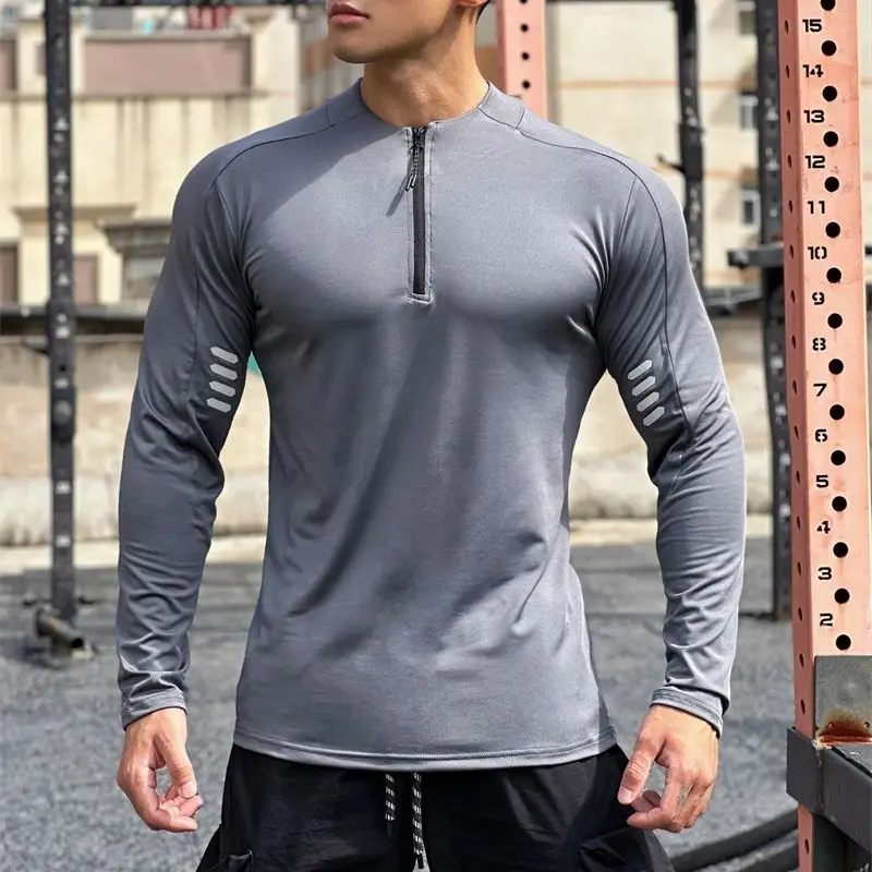 New casual men's long sleeve T-shirt zipper neckline stretch sportswear reflective strip design fitness jacket men's wear