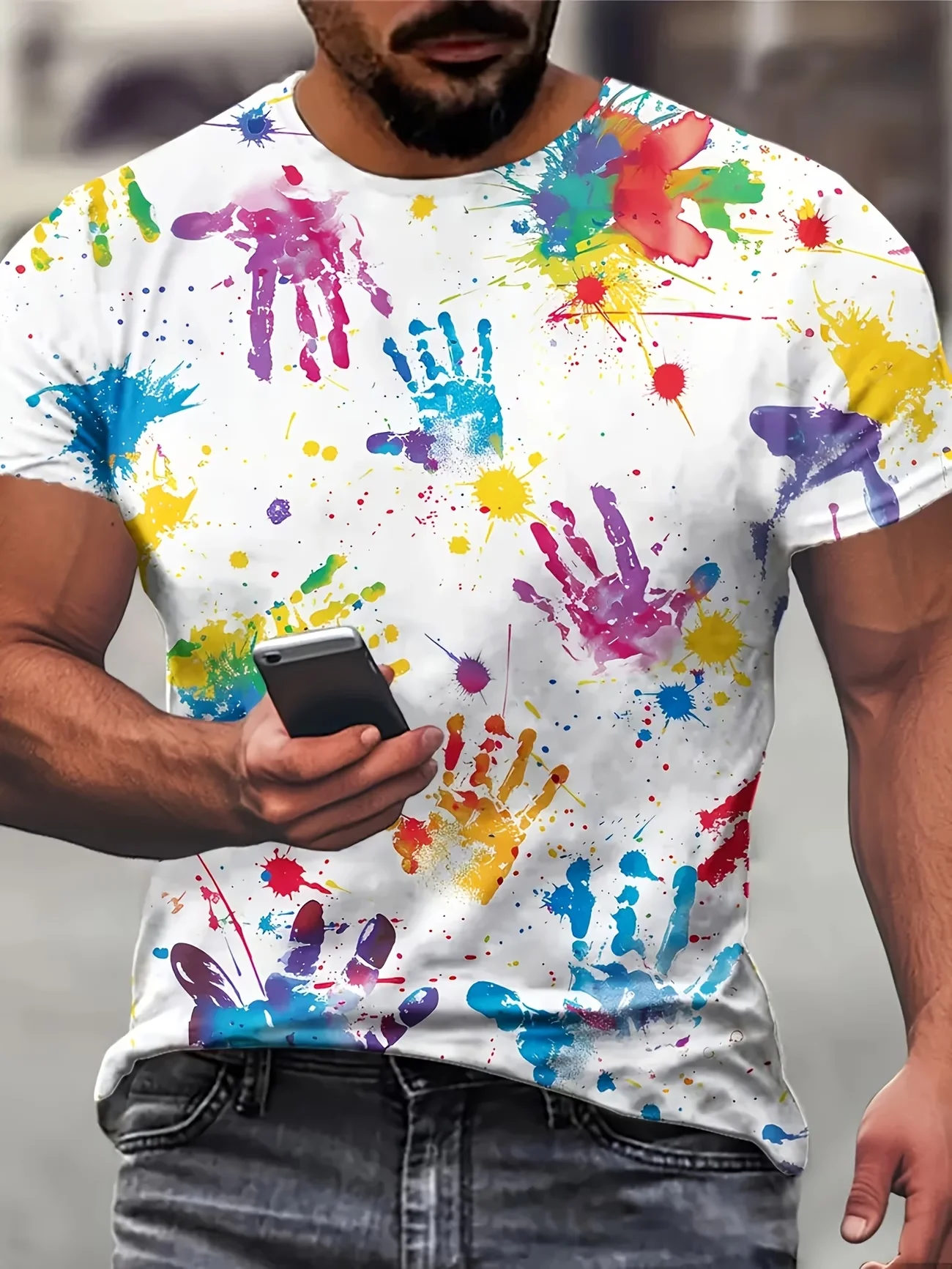 Herren-T-Shirt mit buntem Farbspritzer-Print, schnell trocknend, leicht, locker, kurzärmelig, Rundhalsausschnitt, für Outdoor, Straßensport, Freizeit-Oberteil – Detail 4