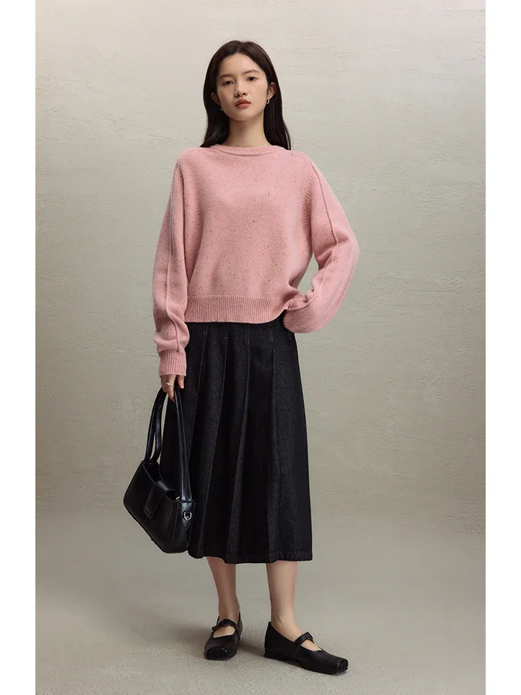 ZIQIAO Sweet Pink 100% Wool Soft Round Neck Wool Sweater for Women 2023 Autumn Winter Gentle Style Cozy Pullover Sweater Female