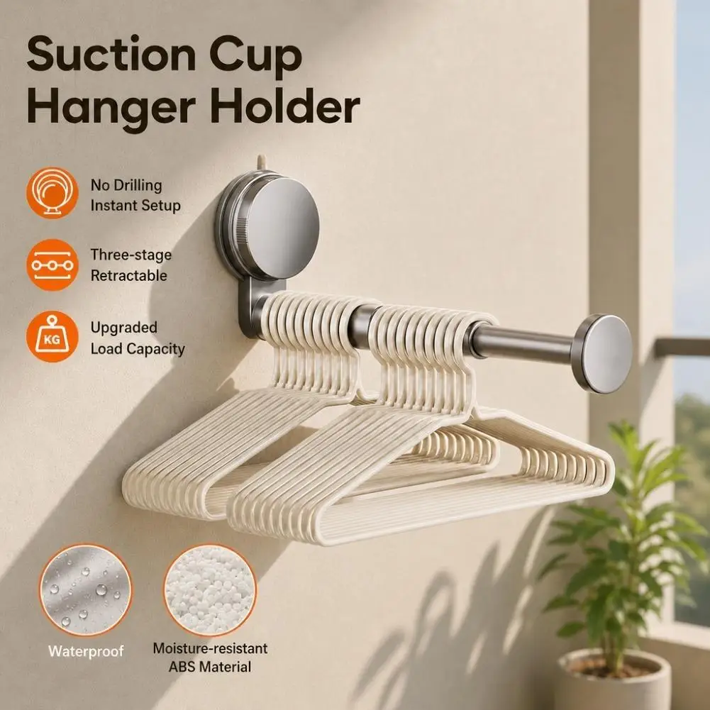 2PCS Wall-Mounted Hook Storage Rack No-Drill Self-Adhesive Suction Cup Installation Telescopic Rods Adjustable Organizer Hook