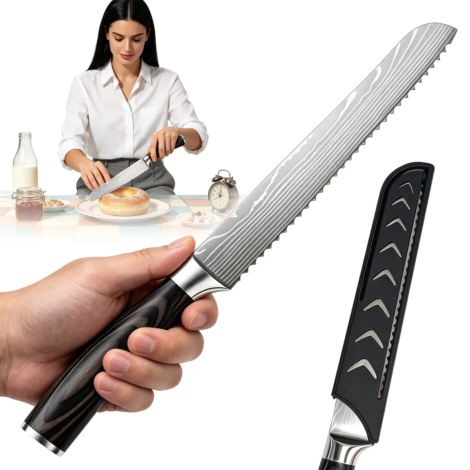 33 cm langes Brotmesser aus hochkohlenstoffhaltigem Edelstahl, gezahntes Schneidemesser, scharfes, antihaftbeschichtetes Schneidwerkzeug für Brot, Kuchen, Toast, Haushaltsküche,