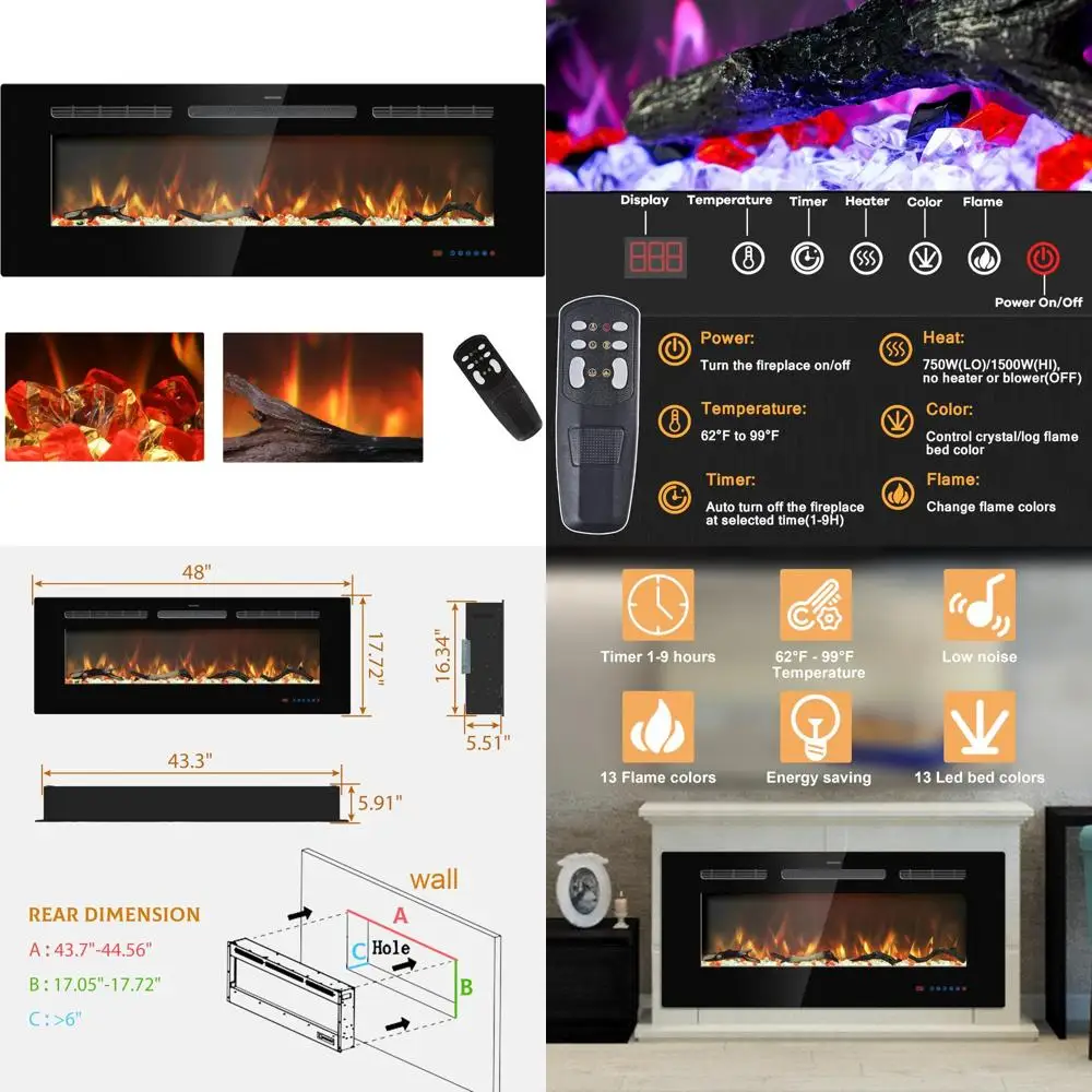 

48-Inch Electric Fireplace Insert: Recessed and Wall-Mounted Linear Heater with Thermostat, Remote, and Touch Controls