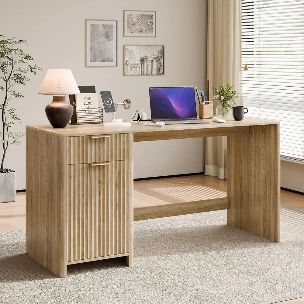 

Современный письменный стол из дуба с рифлением и местом для хранения для домашнего офиса, рабочий стол с выдвижными ящиками и тумбой для руководителя, деревянная рабочая станция для различных помещений, на заказ