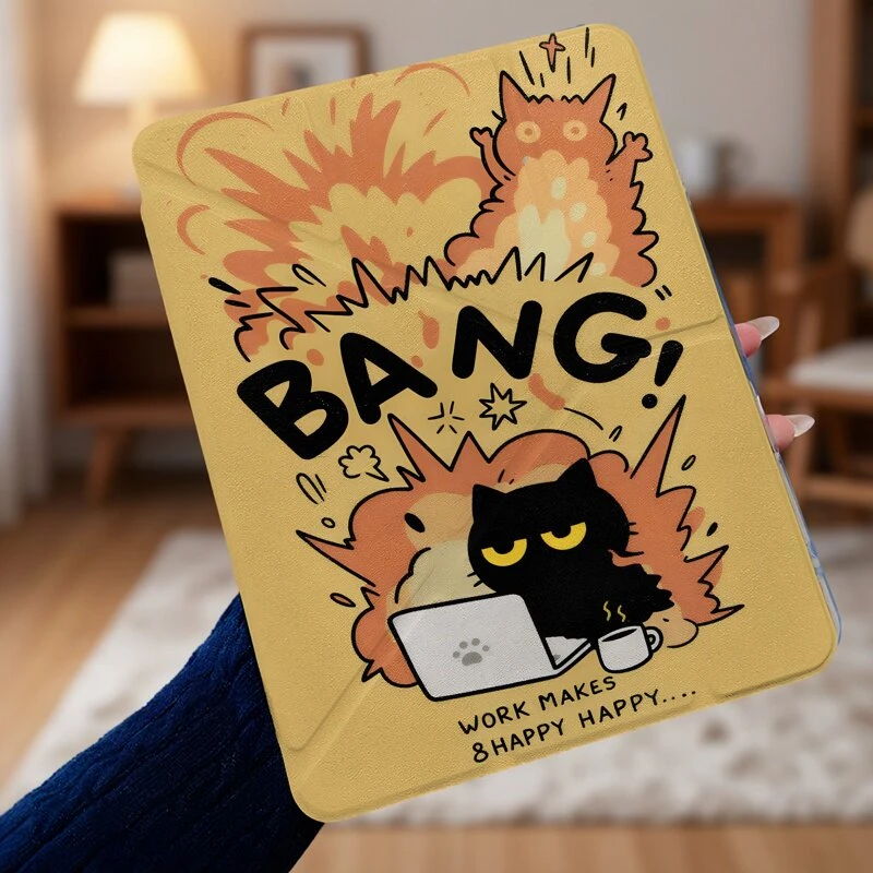 Korean Irritable Work Cat Y2K Cover For iPad Pro 13 11th M5 M4 12.9 A16 10 8 7 9th 10th For Ipad Air 11 M2 M3 Mini Tablet Case