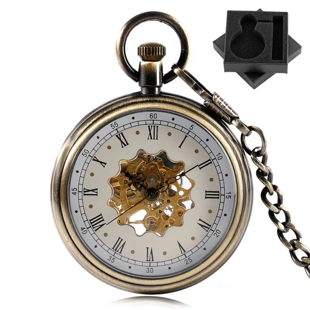 Retro Bronze Mechanical Hand Winding Pocket Watch Open Face Roman Numerals Dial Steampunk Vintage Fob Chain Pendant Clock Gift