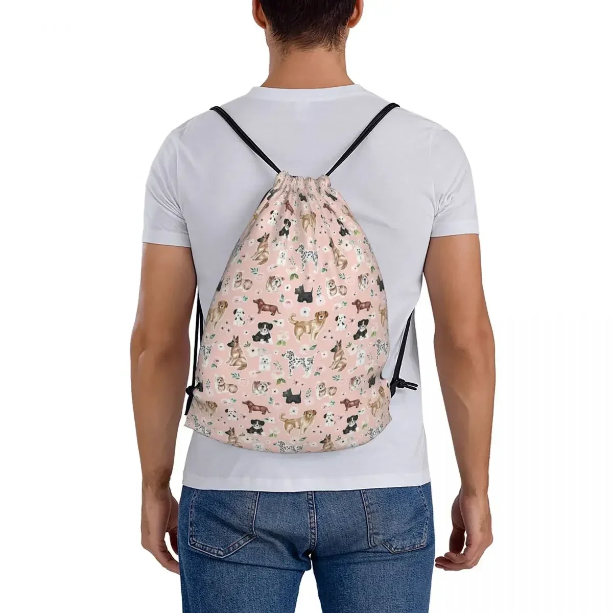 Watercolor Dogs And Flowers On Pink Backpacks Fashion Portable Drawstring Bags Sports Bag BookBag For Man Woman Students