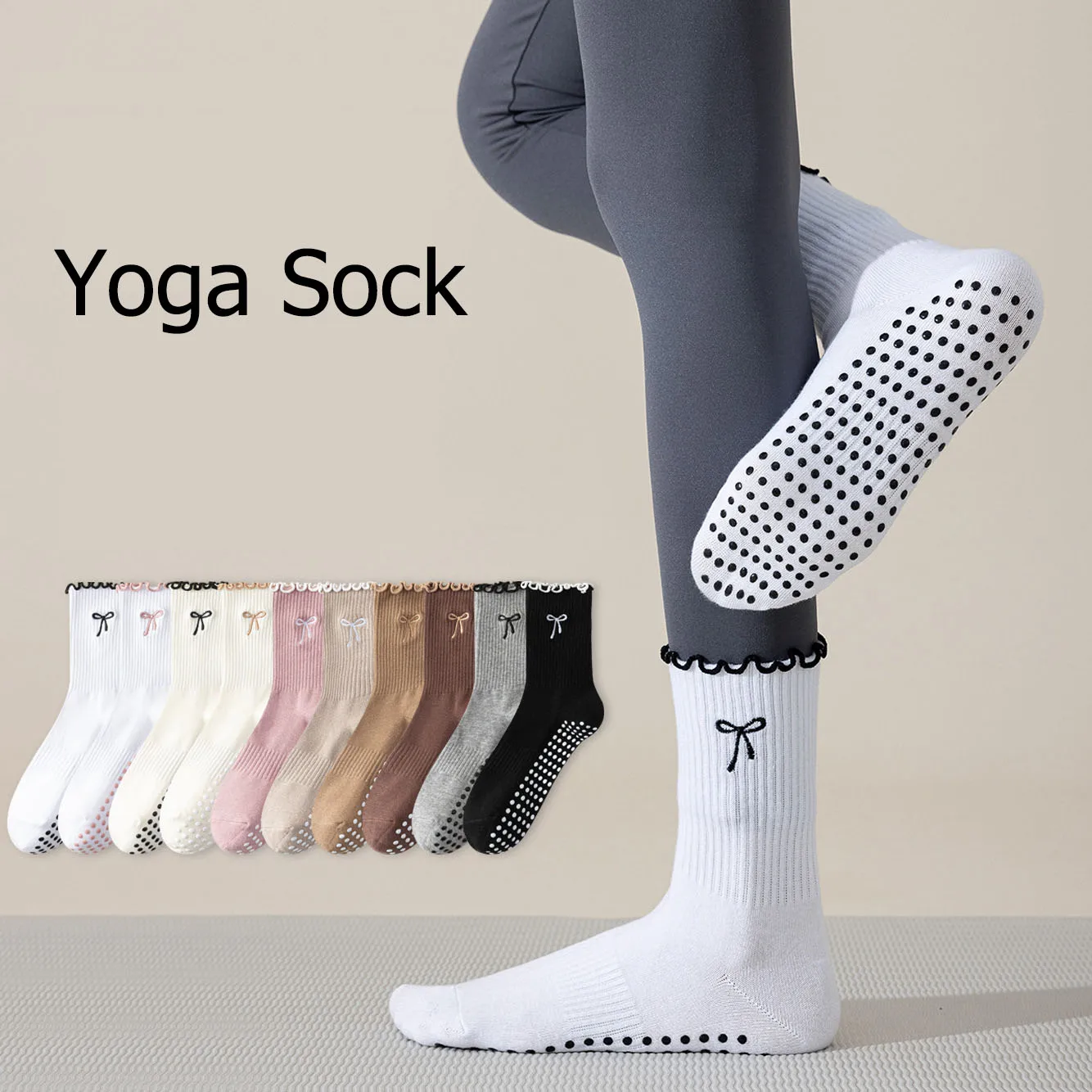 

Женские хлопковые носки для йоги с вышивкой в виде банта, силиконовыми точками и нескользящей подошвой для пилатеса