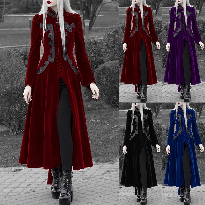 Steampunk Women Long Sleeve Velvet Tailcoat Jacket Vintage Gothic Dress Autumn Vampire Trench Outerwear Medieval Cosplay Costume