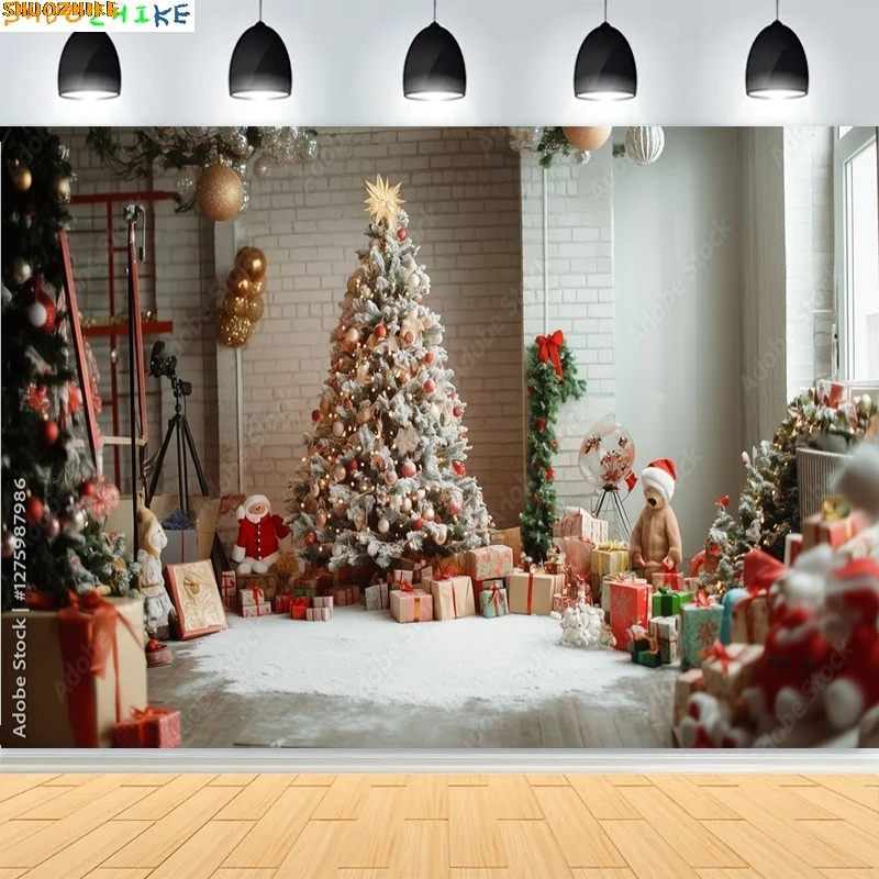 عيد الميلاد هدية صناديق قطار البخار خلفيات للتصوير الفوتوغرافي غرفة المعيشة العطلات السجاد الموقد أشجار الصنوبر خلفية VT-07