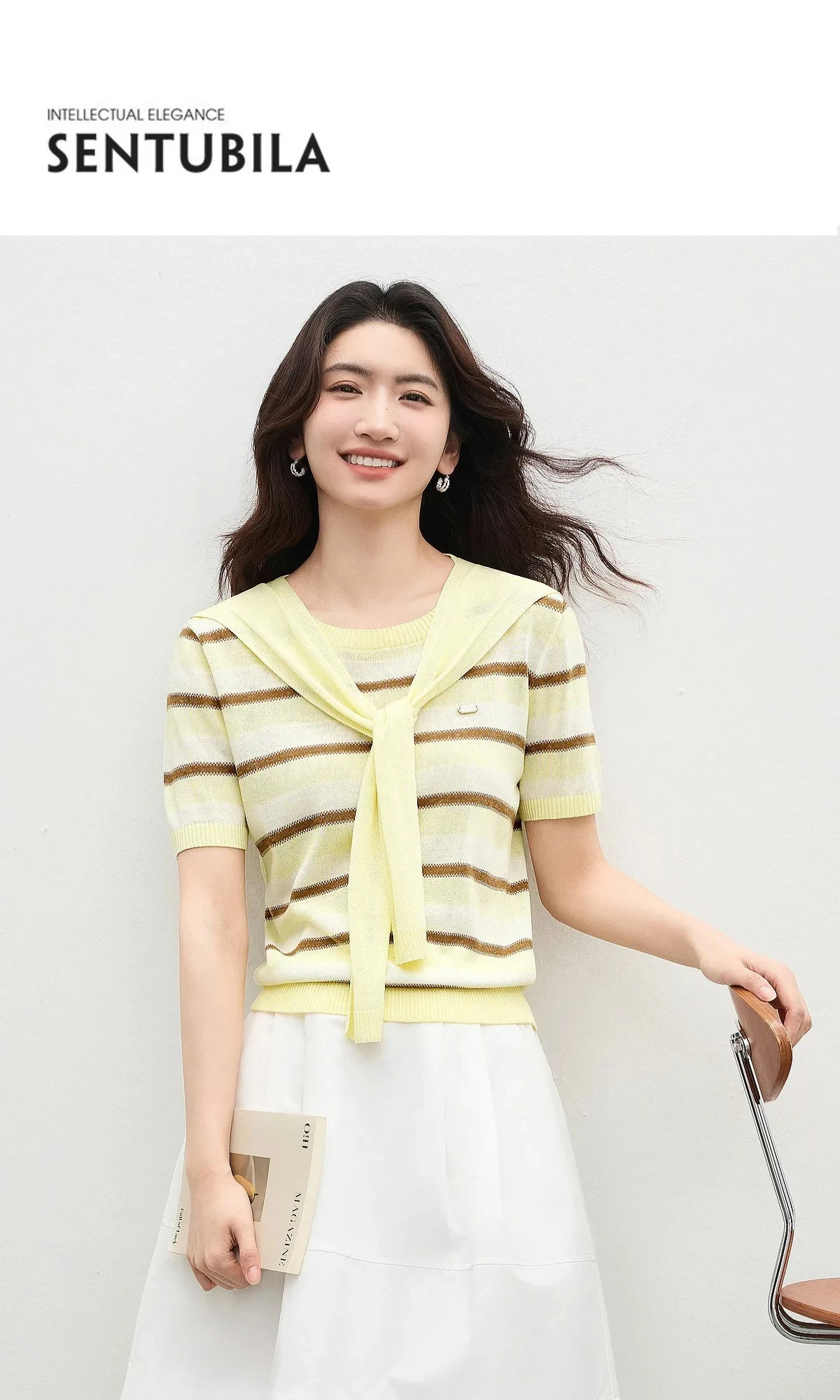 SENTUBILA Leichter Strickpullover für Damen mit Streifenmuster, Rundhalsausschnitt, abnehmbarem Schal, Sommer-Freizeitpullover mit kurzen Ärmeln, Top W62HC7519 – Detail 1