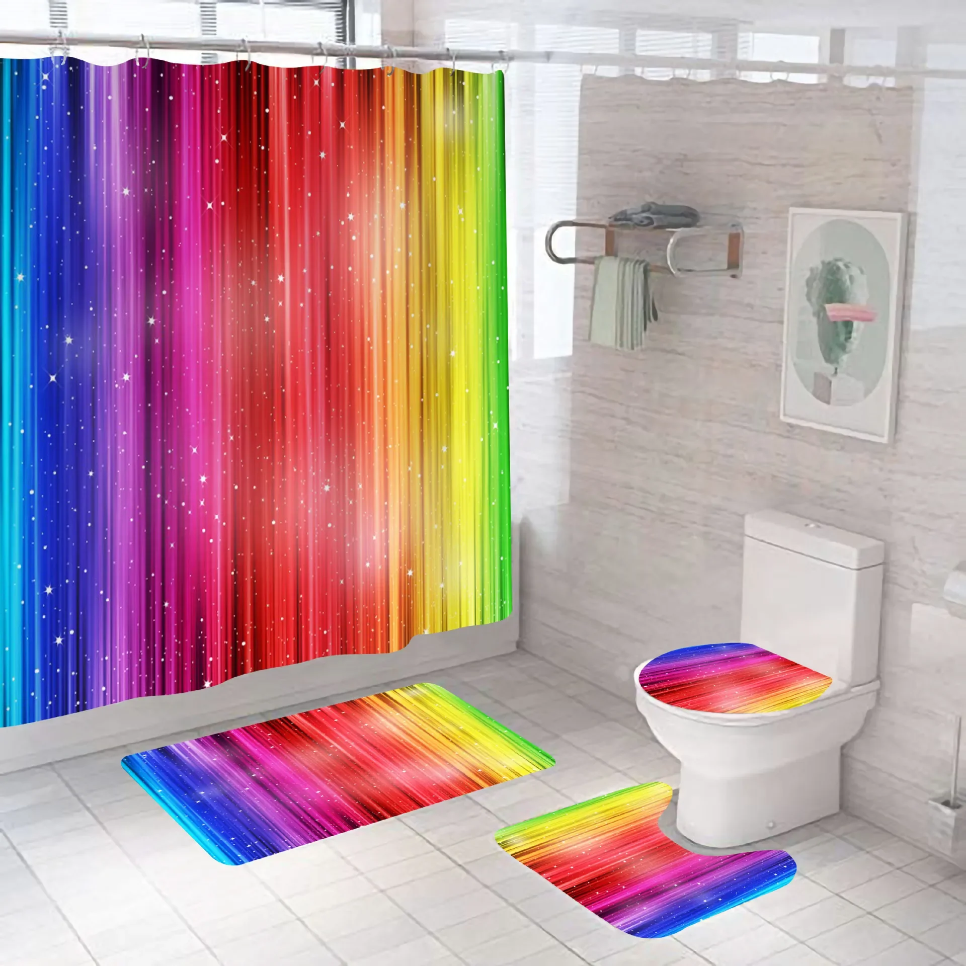 مجموعة ستائر الدش المكعبة الملونة بألوان قوس قزح ومجموعة سجاد الحمام بنمط نابض بالحياة مجموعة ستائر الحمام لديكور المنزل والحمام #5