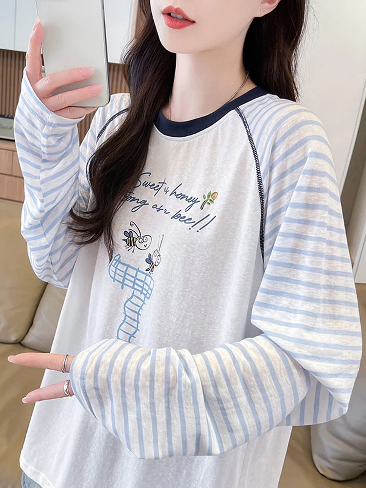 Summer Thin Ice Silk Long Sleeve T-Shirt Women's Loose Large Size Snowflake Cotton Stripe Top Breathable Soft Quick Dry Comfo...