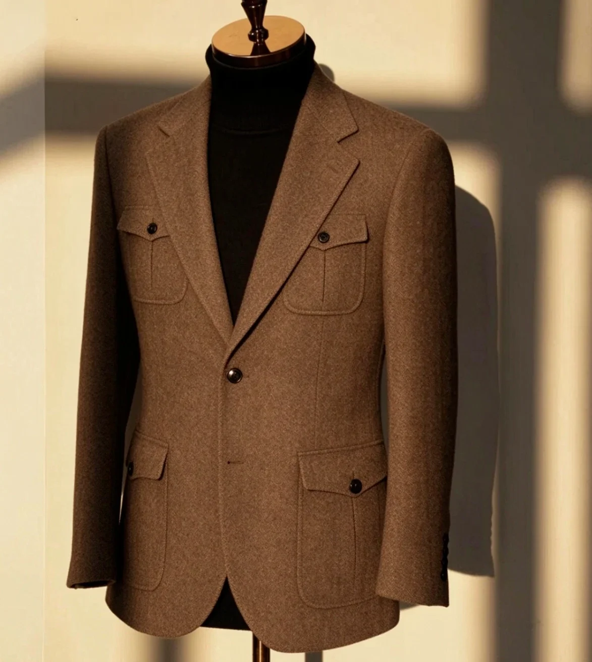 Men Safari Hunting Jacket Khaki Wool Blend Blazer Multi Flap Pockets Single Breasted Regular Fit Winter Outdoor Customized