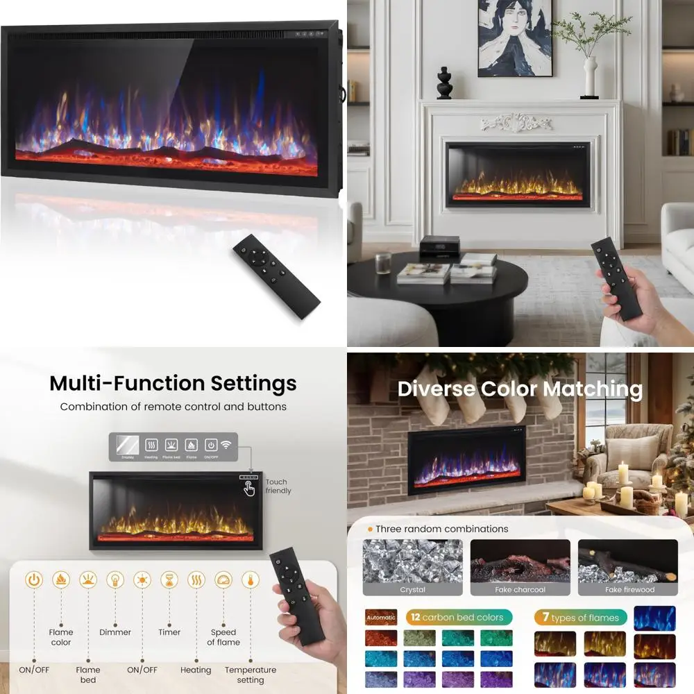

42 Wall-Mounted Electric Fireplace, Recessed Design with Crystal, Charcoal & Log Set for Indoor Use