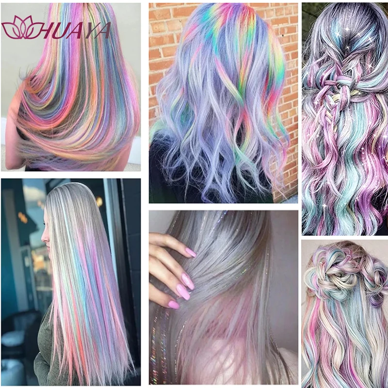 Colored Clip In Hair Extensions 20Inch Ombre Glitter Hair Tinsel Synthetic Hairpiece Halloween Party Cosplay Hair Accessory