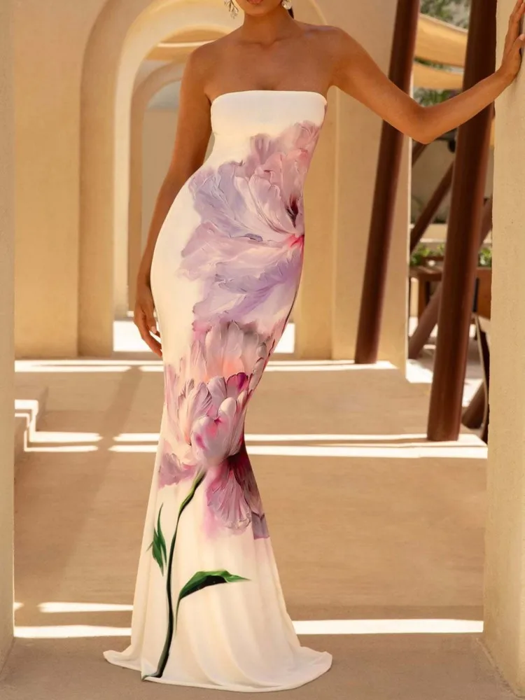 Abito slim stampato alla moda sexy da donna, temperamento da donna, ragazza calda elegante, petto, abiti lunghi a coda di pesce senza vita e senza schienale