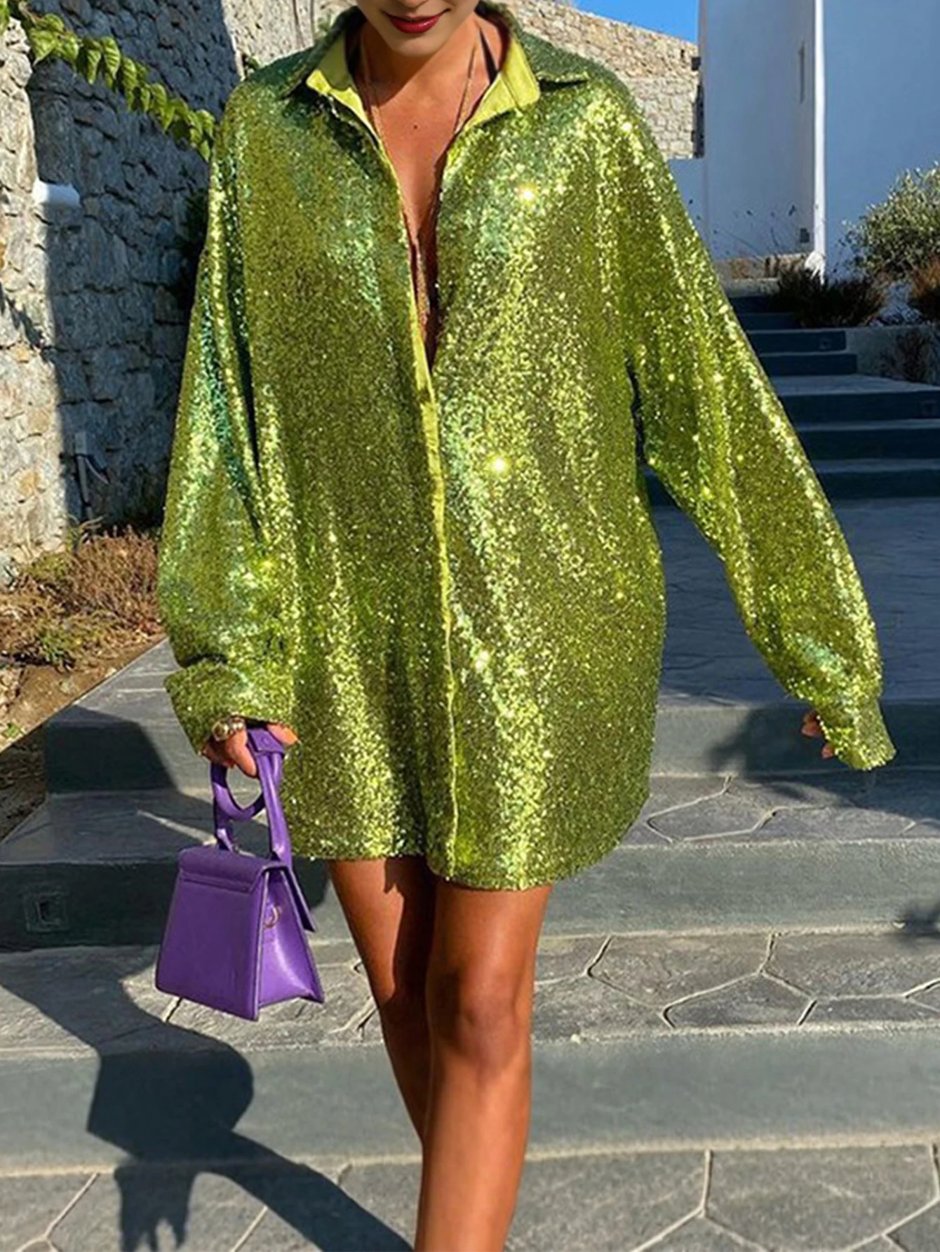 

Женская осенняя уличная рубашка, однотонная однобортная рубашка с блестками и рукавами с заниженными плечами, вечерние топ с высоким воротником