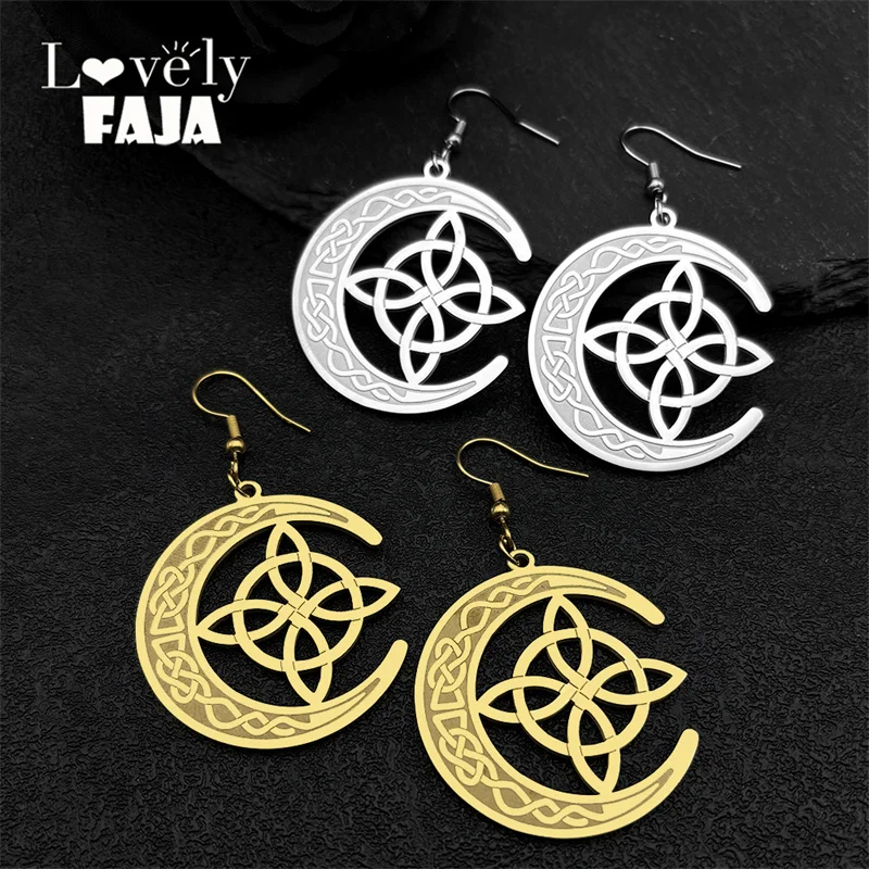 

Stainless Steel Crescent Moon Witch's Knot Celtic Hoop Earrings for Women Amulet Gold Color Drop Earrings Jewelry Gift