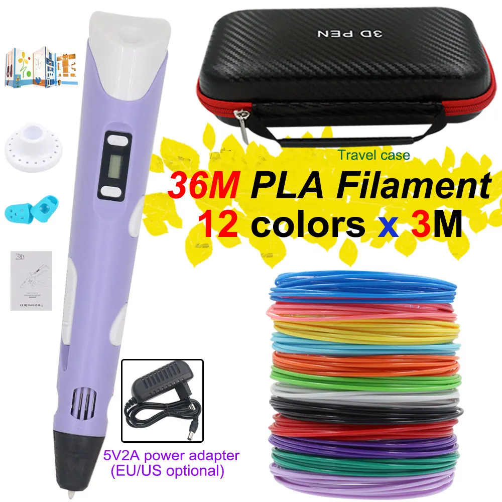 3D Pen for Children,3D Printing Pen with LCD Display,Power Adapter Handbag 12Color PLA Filament,Christmas Birthday Gift for Kids