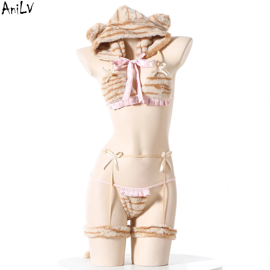 

AniLV Ocelot Plush Animal Underwear Cap Tail Outfit Set Temperament Uniform Cosplay Women Cute Lingerie Erotic Costume