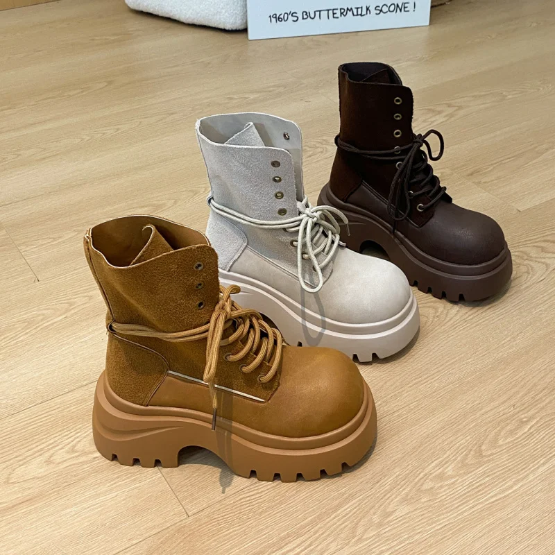 

Platform Ankle Boots 2025 Fall New British Style Worker Boots Knight Boots Women's Spring and Autumn Thin Boots