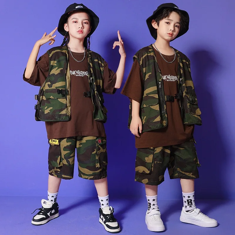 Kid Kpop Hip Hop Clothing Camouflage Tactical Vest Graphic T Shirt Summer Cargo Shorts for Girl Boy Jazz Dance Costume Clothes