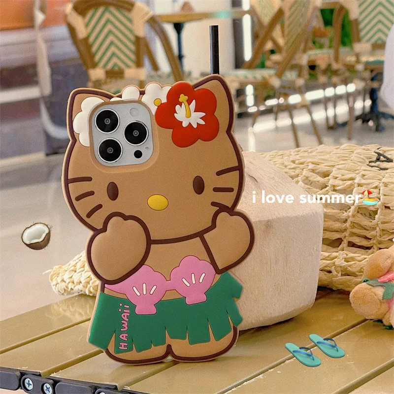 Hello Kitty Hawaiian Series Mobile Phone Shell Anime 3D Stereoscopic Fall Prevention Iphone 14 13 12 11 Pro Max Soft Shell Gift